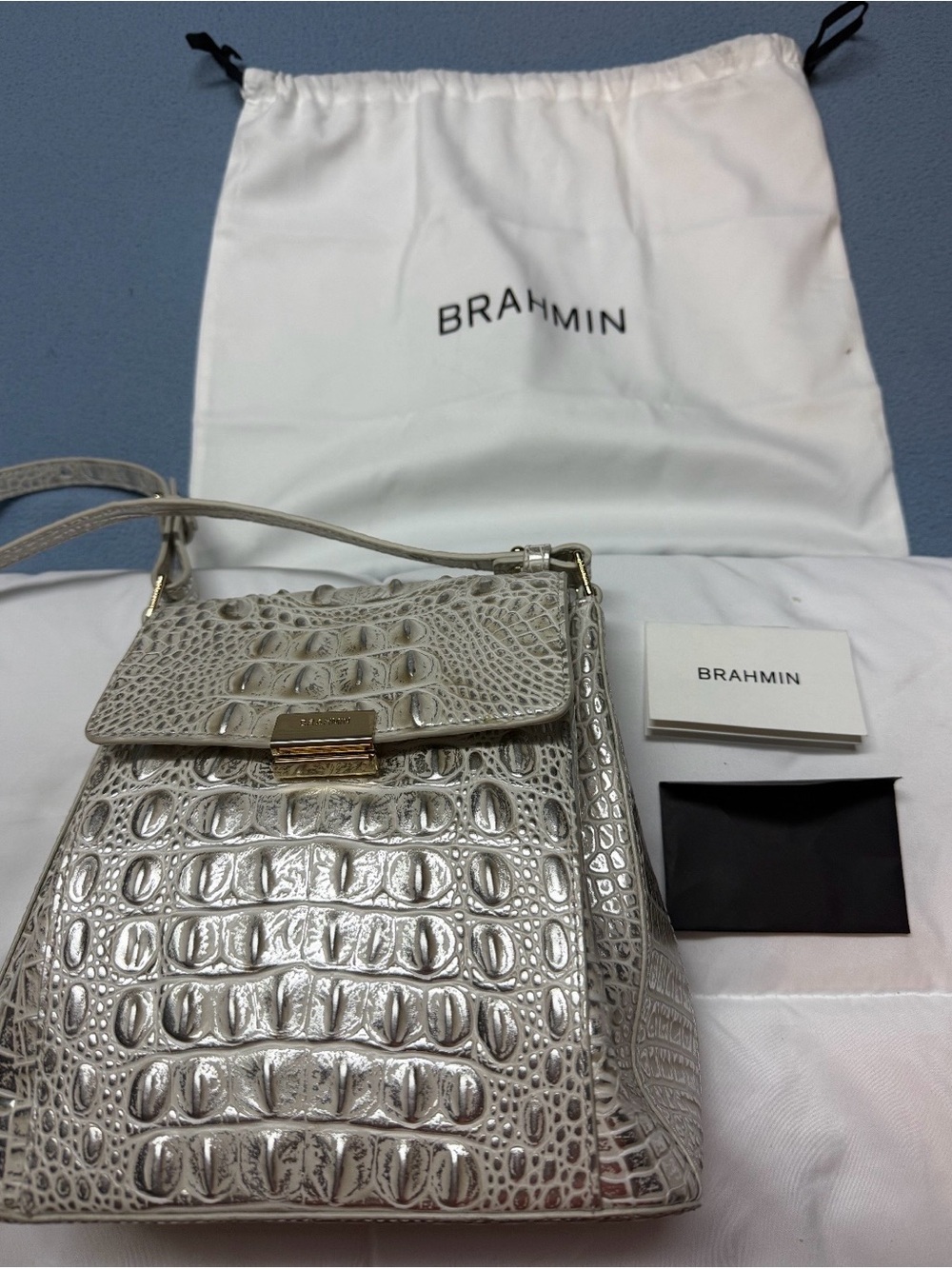 Brahmin Pearl Ivory Silver Croc-Embossed Crossbody Shoulder Bag